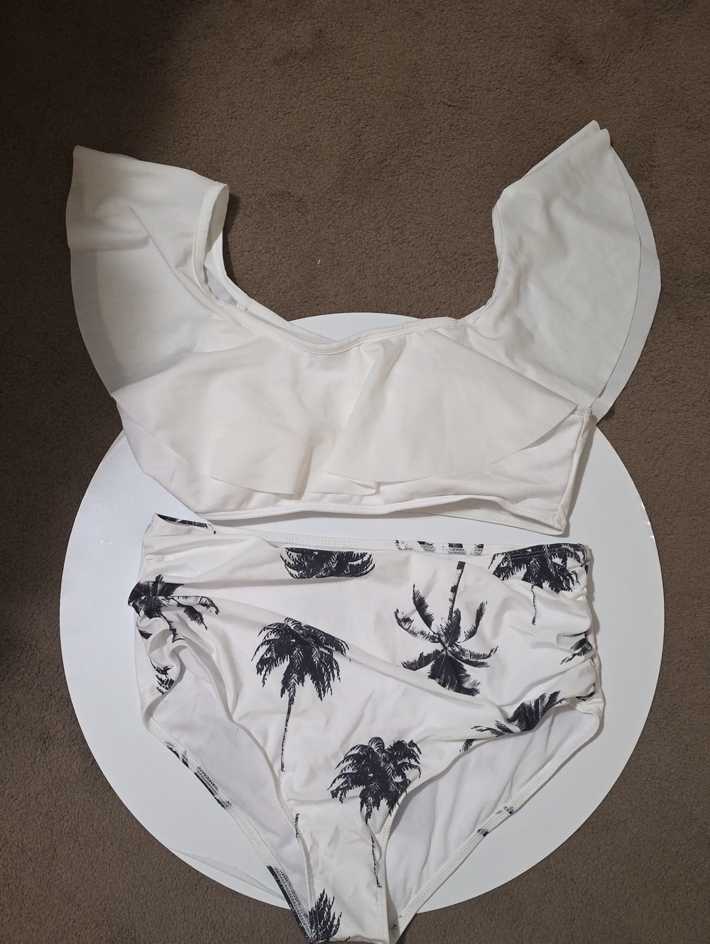 White Ruffle Bikini Top with Palm Print High Waist Bottoms